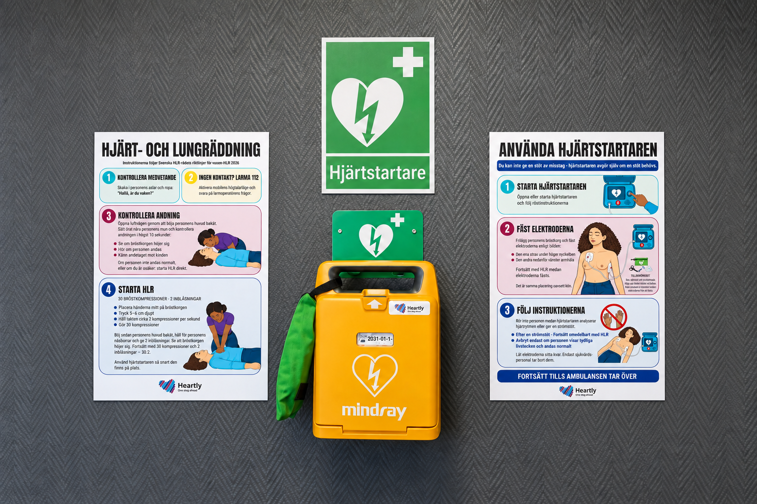 HLR-affisch och affisch för hjärtstartare med kvinnliga illustrationer på varsin sida om en hjärtstartare