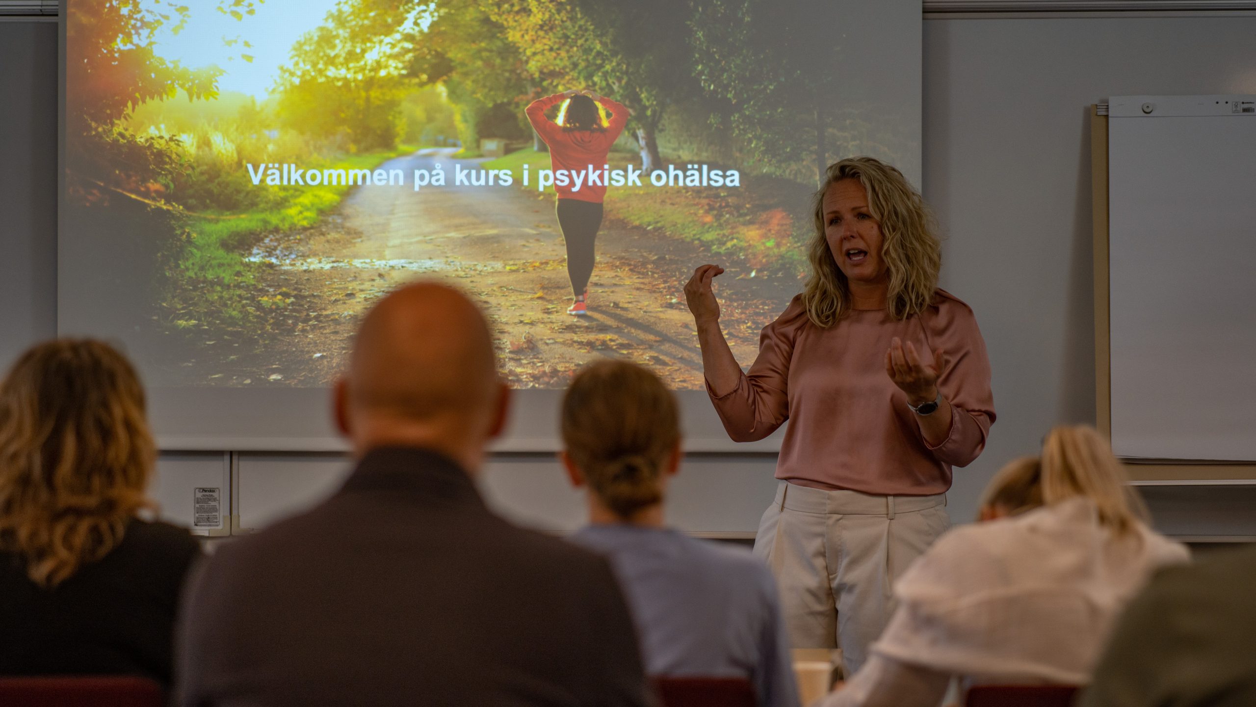 Emelie utbildar en arbetsgrupp i psykisk ohälsa